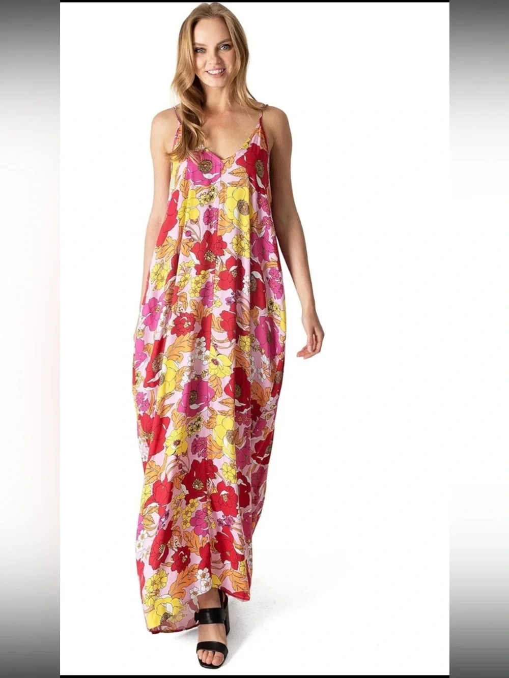 Lovestitch Vibrant Bold Floral Maxi Dress Pockets Womens Size Med/Large